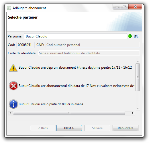 Informatii afisate la selectarea unui client